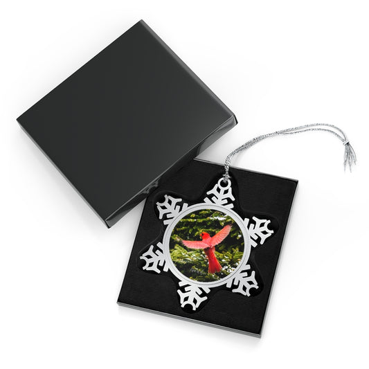 Flying Cardinal Pewter Snowflake Ornament