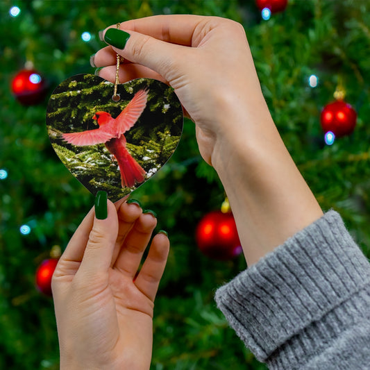 Flying Cardinal Porcelain Ornament (available in circle, heart, and snowflake)